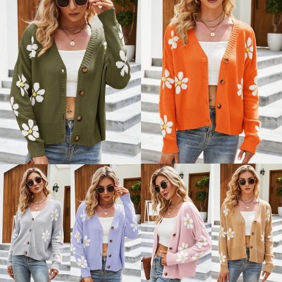 Retro Knit Daisy Flower Classic Button Front Long Sleeve Cardigan Fun 70s Floral - Picture 11 of 11